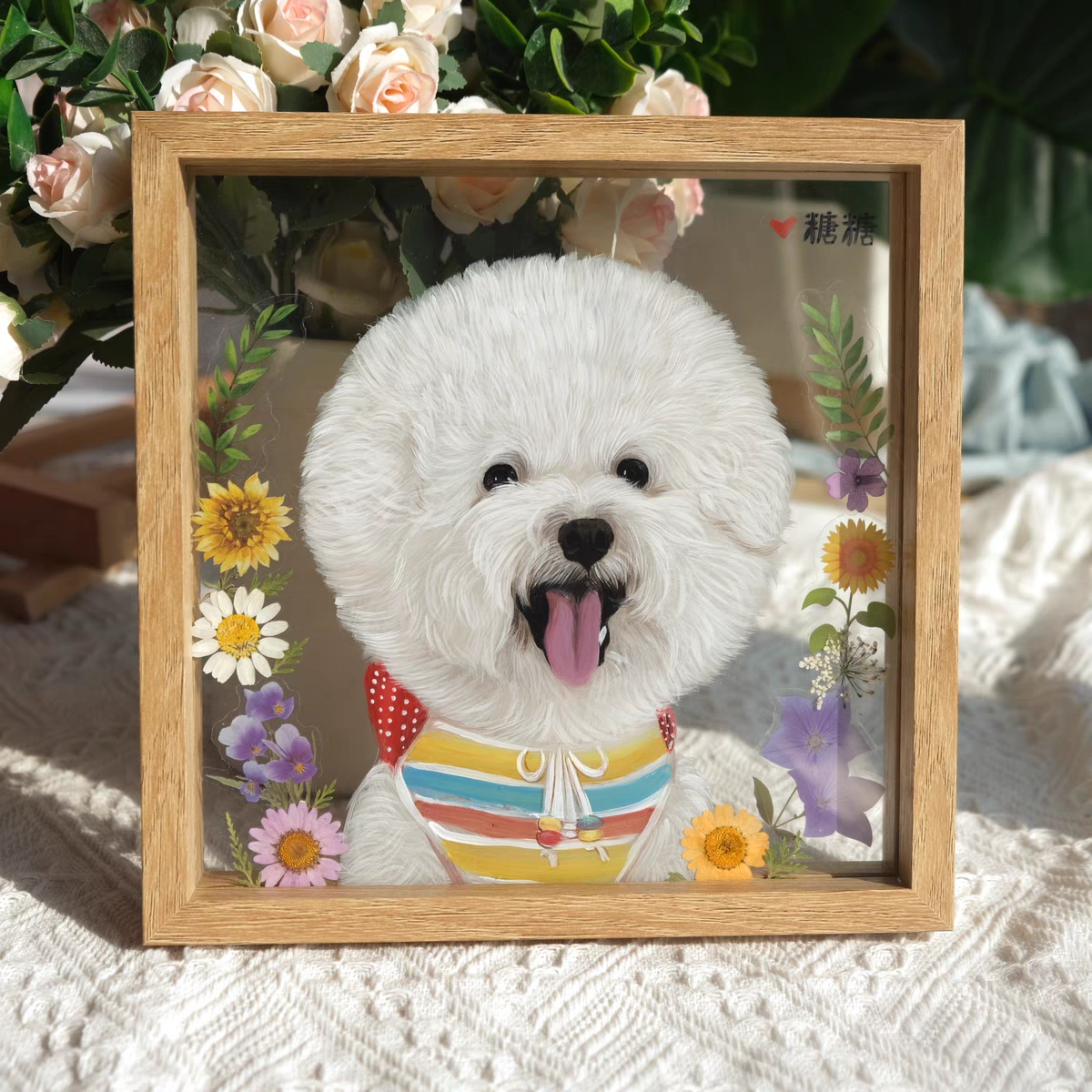 Personalized Glass Oil Painting For Pets With Dry Flower Decoration