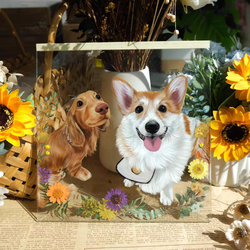 Personalized Glass Oil Painting For Pets With Dry Flower Decoration